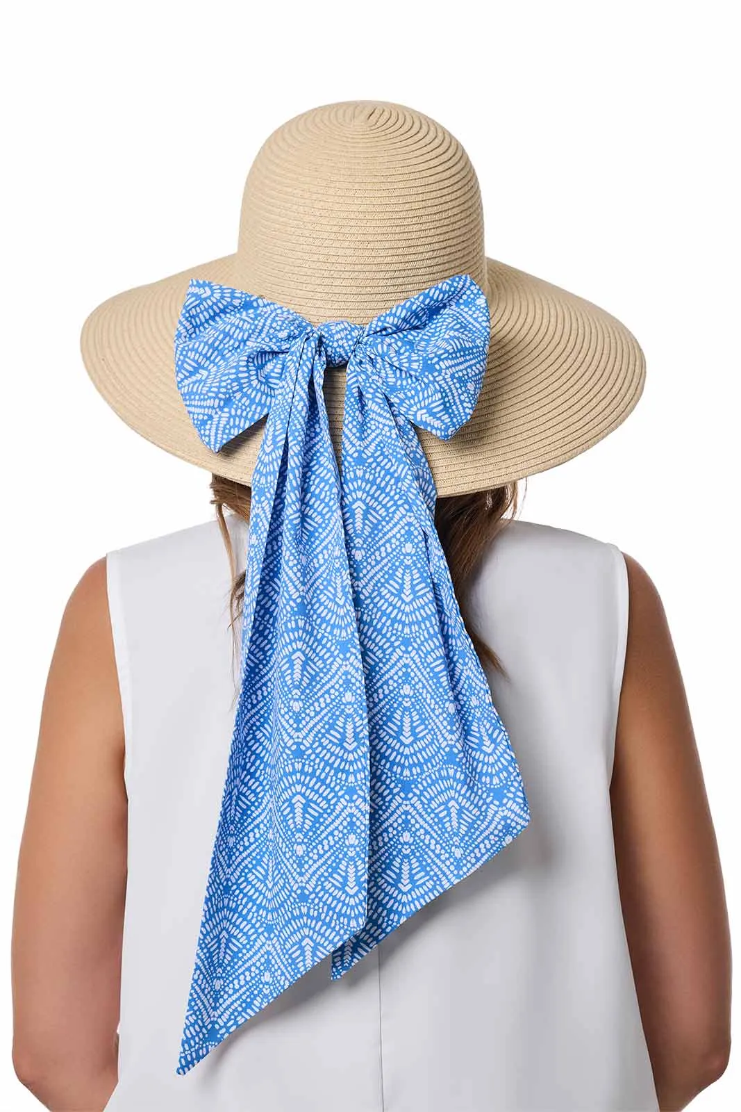 Sun Hat with 2 Interchangeable Scarves - Stella  | Natural/Aura Blue & White