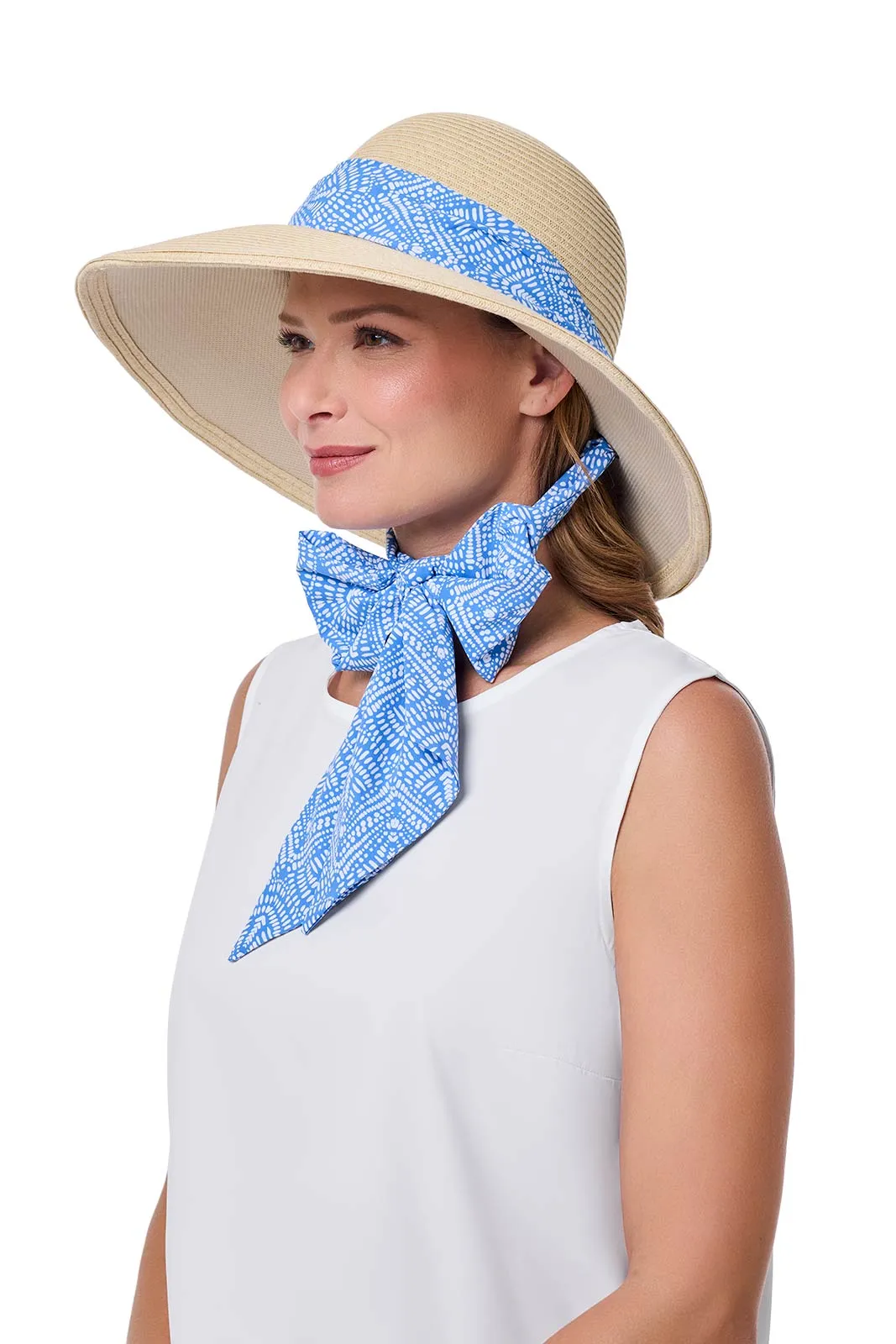 Sun Hat with 2 Interchangeable Scarves - Stella  | Natural/Aura Blue & White