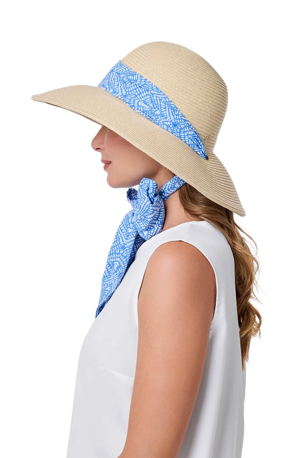 Sun Hat with 2 Interchangeable Scarves - Stella  | Natural/Aura Blue & White