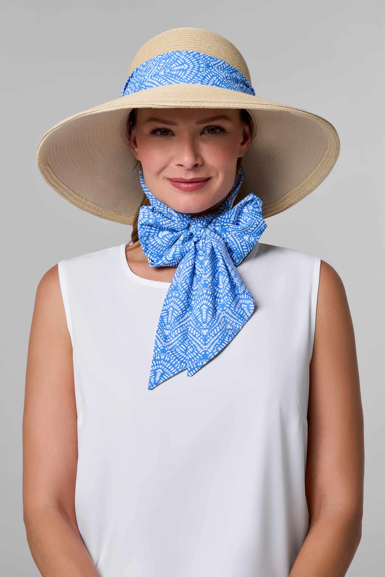 Sun Hat with 2 Interchangeable Scarves - Stella  | Natural/Aura Blue & White