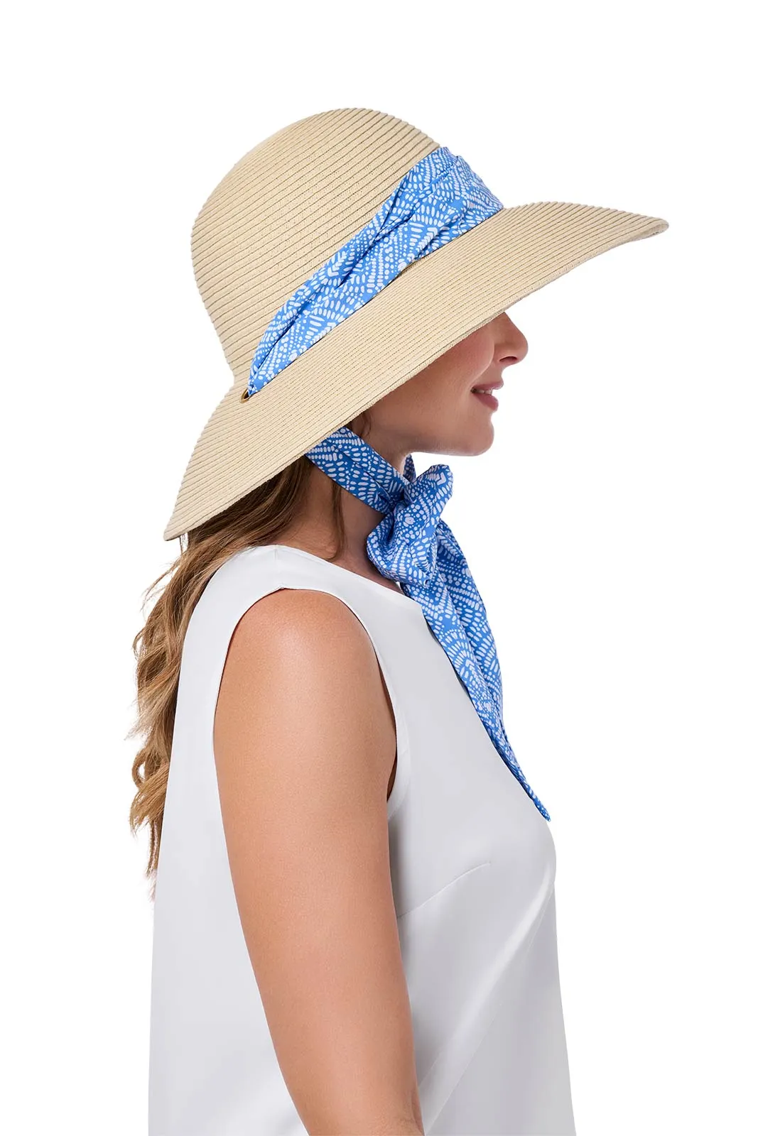 Sun Hat with 2 Interchangeable Scarves - Stella  | Natural/Aura Blue & White