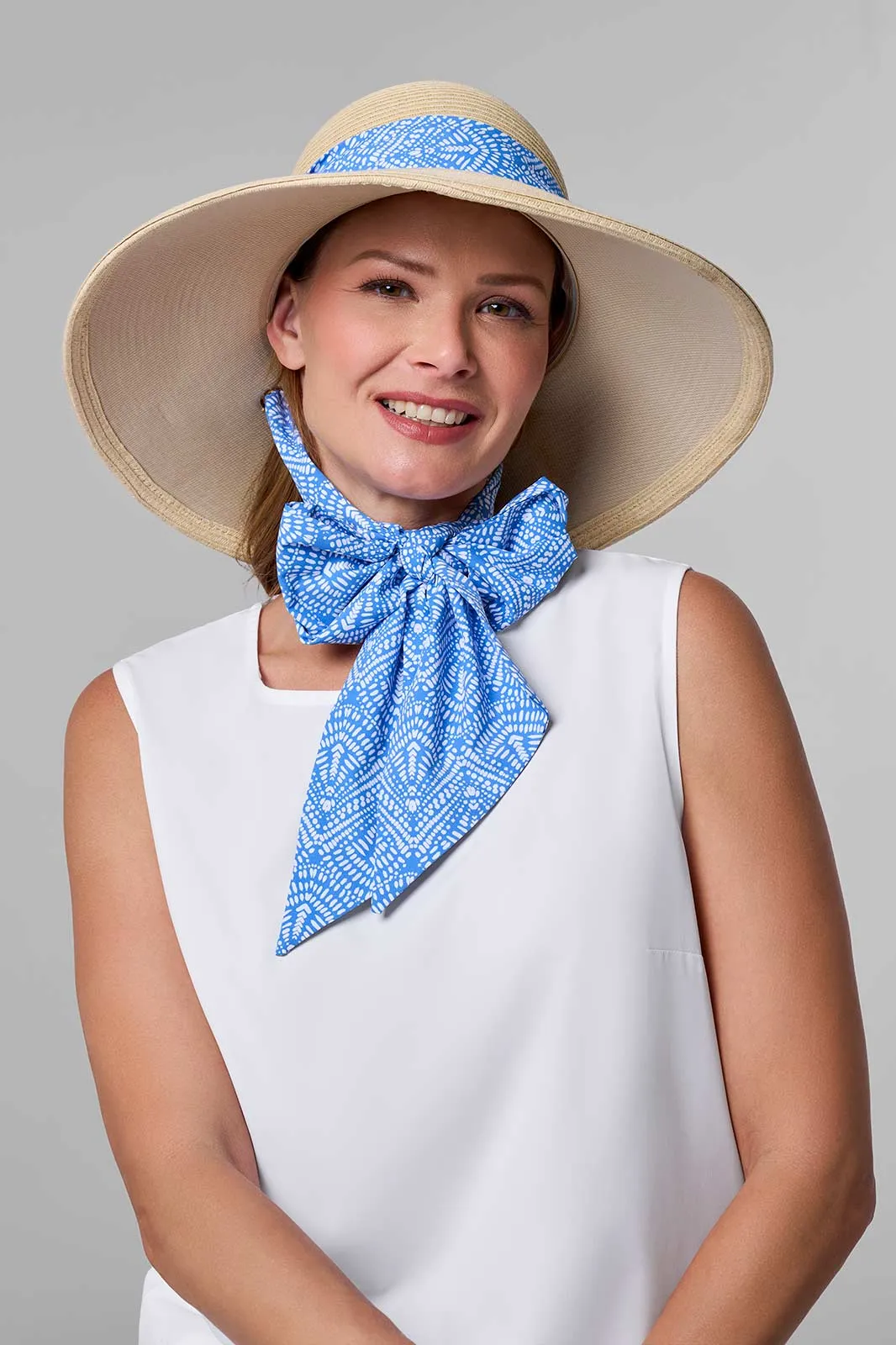 Sun Hat with 2 Interchangeable Scarves - Stella  | Natural/Aura Blue & White