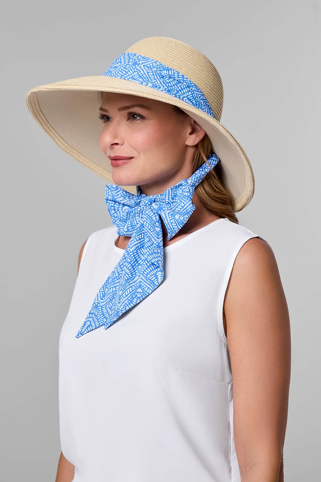 Sun Hat with 2 Interchangeable Scarves - Stella  | Natural/Aura Blue & White