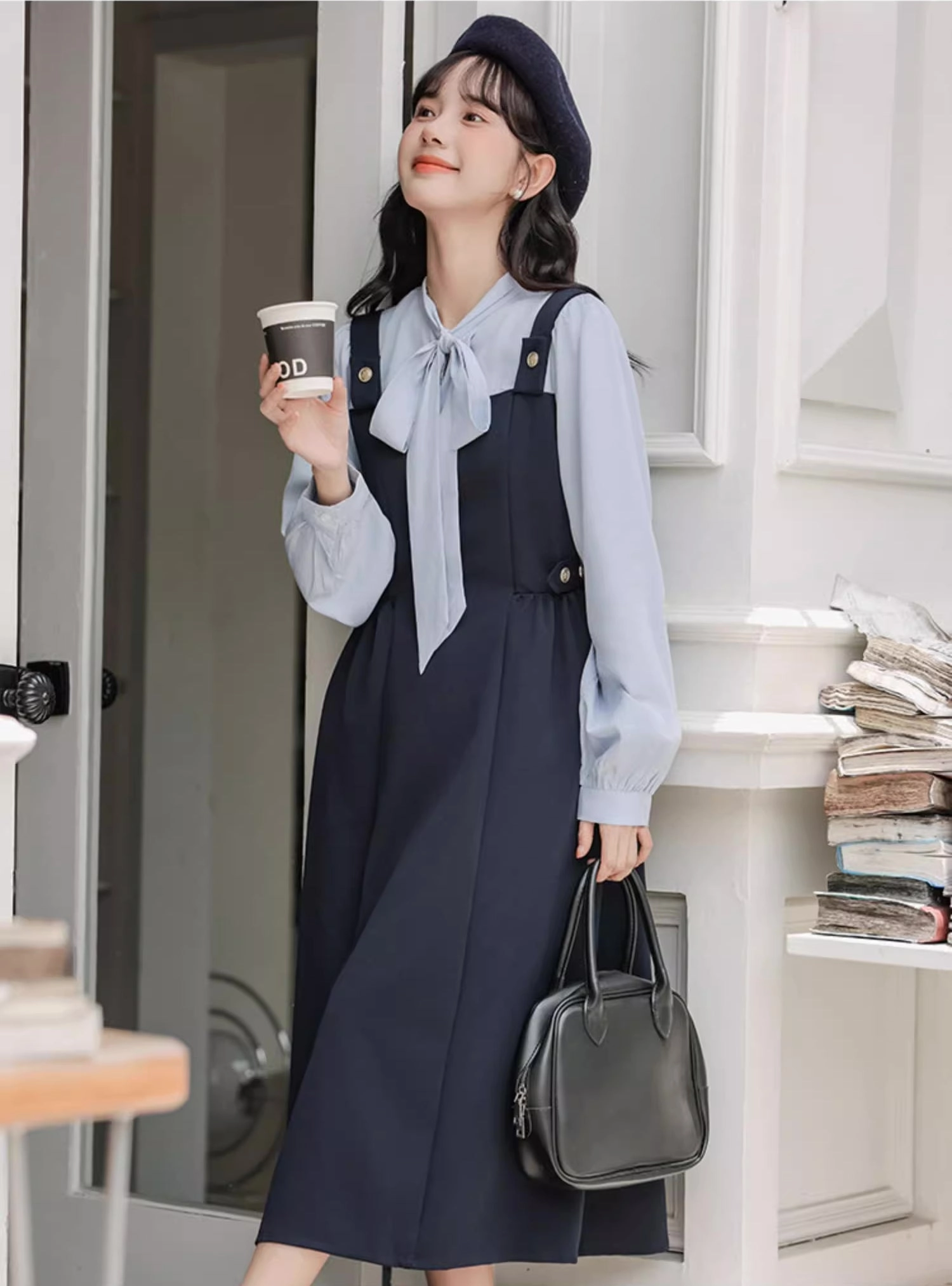 Tie Neck Twofer Midi Dress (Navy)