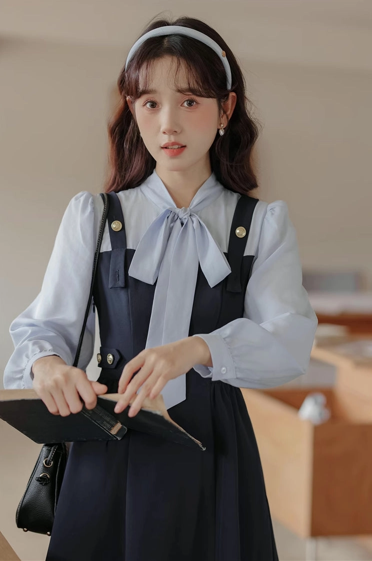Tie Neck Twofer Midi Dress (Navy)